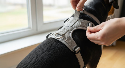 Dog wearing a comfortable harness for daily walks